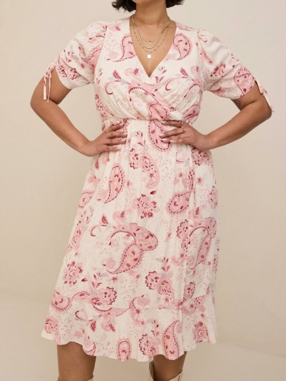 TORRID 1 Plus Size Midi Swiss Linen Surplice Dress Cream Ivory Pink Paisley Boho
